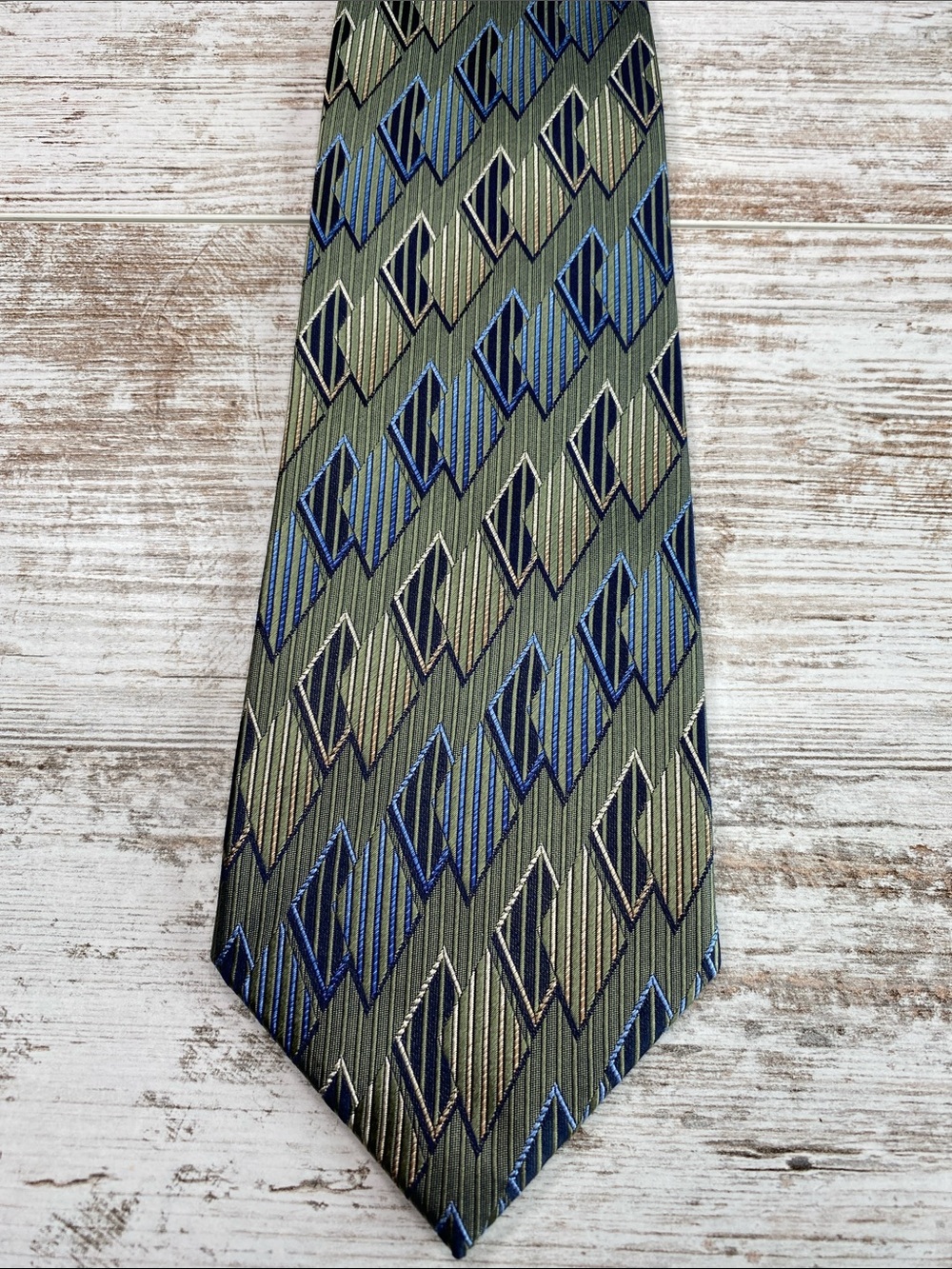 Ra Design Silk Tie Green Blue Geometric Abstract Hand Made Office Business